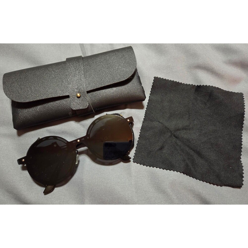 Steampunk Retro Sunglasses Goggles Black Frame Leather Blinder Case & Cloth